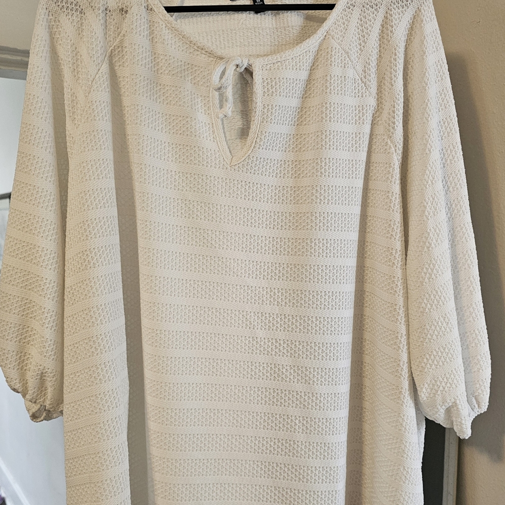 3x Plus Size White Knit Tie-Neck Peasant Tunic